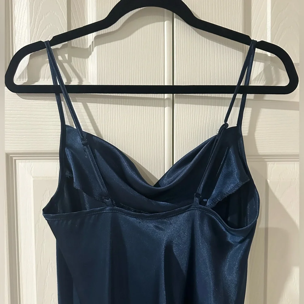 Bebe thin strap, navy blue silk dress, knee length with cowl neck - Picture 2 of 5
